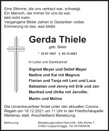 Traueranzeige von Gerda Thiele von Deister- und Weserzeitung