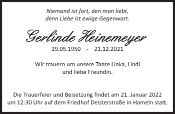 Traueranzeige von Gerlinde Heinemeyer von Deister- und Weserzeitung