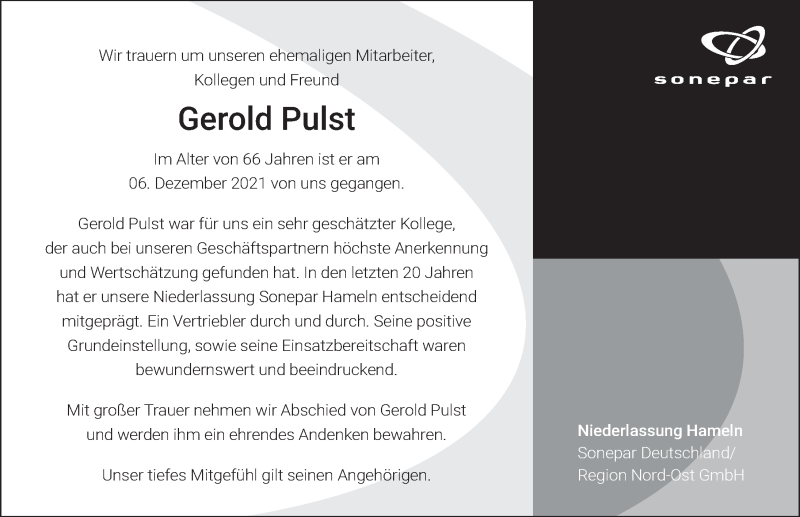  Traueranzeige für Gerold Pulst vom 11.12.2021 aus Deister- und Weserzeitung