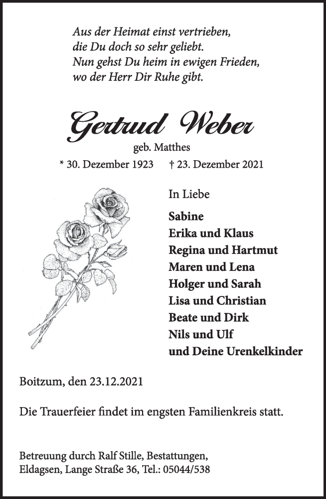  Traueranzeige für Gertrud Weber vom 31.12.2021 aus Neue Deister-Zeitung