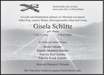 Traueranzeige von Gisela Schütte von Deister- und Weserzeitung