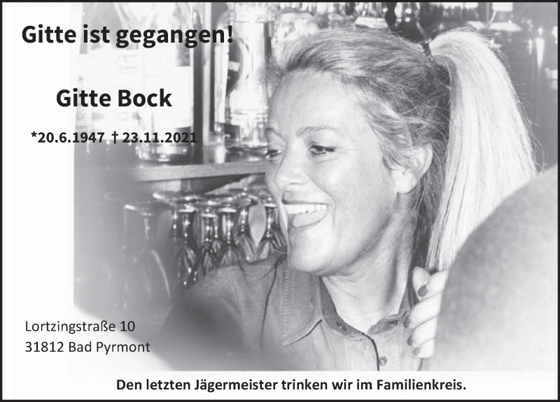 Traueranzeige für Gitte Bock vom 03.12.2021 aus Deister- und Weserzeitung