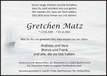 Traueranzeige von Gretchen Matz von Deister- und Weserzeitung
