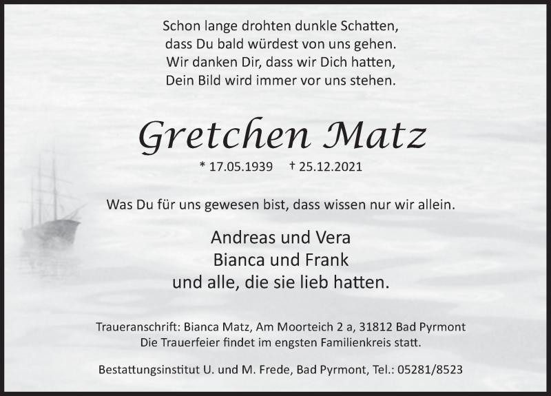 Traueranzeige für Gretchen Matz vom 31.12.2021 aus Deister- und Weserzeitung