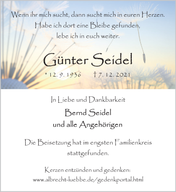 Traueranzeige von Günter Seidel von Deister- und Weserzeitung