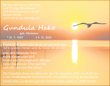 Traueranzeige von Gundula Hake von Deister- und Weserzeitung