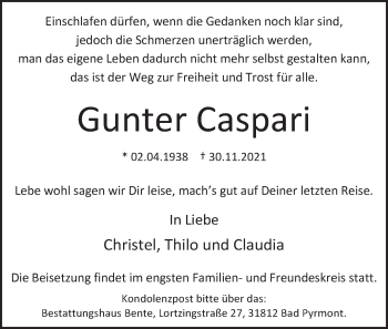Traueranzeige von Gunter Caspari von Deister- und Weserzeitung