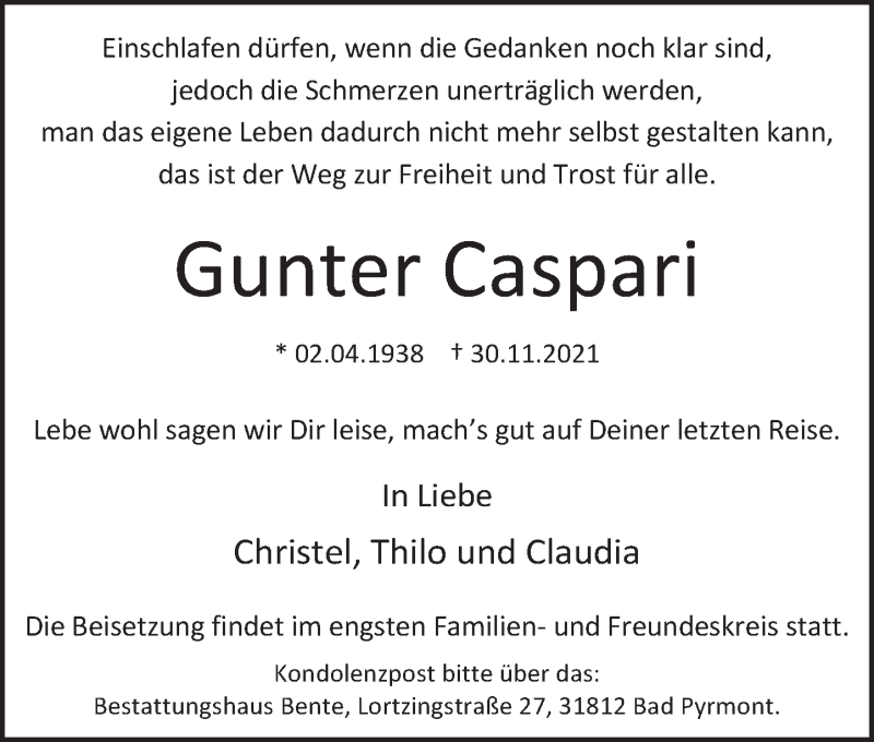  Traueranzeige für Gunter Caspari vom 24.12.2021 aus Deister- und Weserzeitung