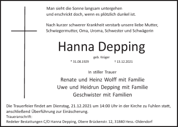 Traueranzeige von Hanna Depping von Deister- und Weserzeitung