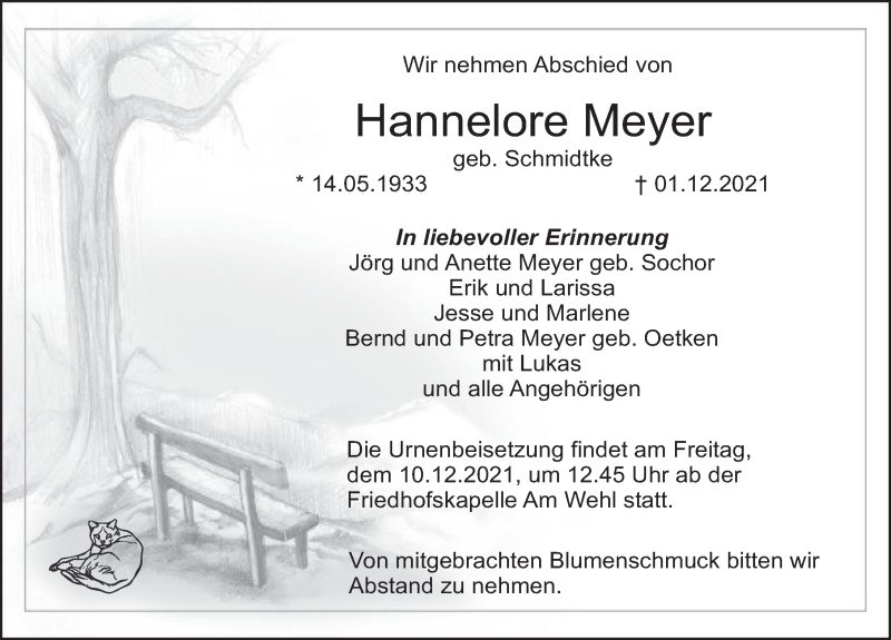  Traueranzeige für Hannelore Meyer vom 04.12.2021 aus Deister- und Weserzeitung