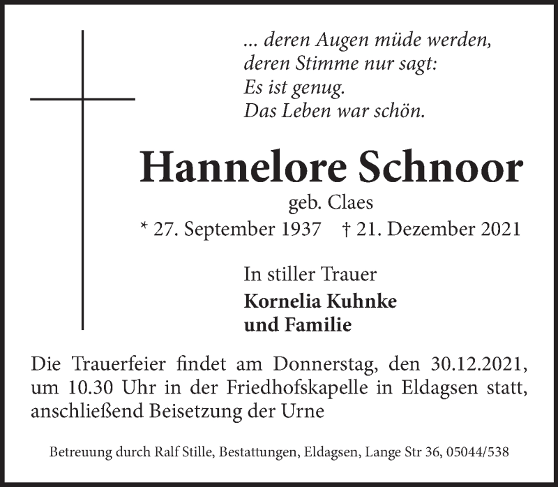  Traueranzeige für Hannelore Schnoor vom 30.12.2021 aus Neue Deister-Zeitung