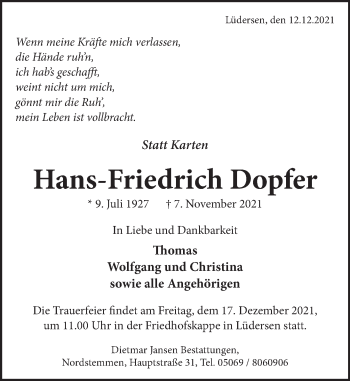 Traueranzeige von Hans-Friedrich Dopfer von Neue Deister-Zeitung