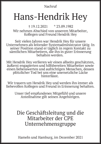 Traueranzeige von Hans-Hendrik Hey von Deister- und Weserzeitung
