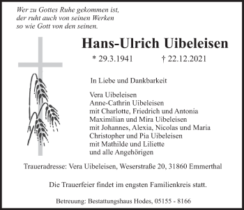 Traueranzeige von Hans-Ulrich Uibeleisen von Deister- und Weserzeitung