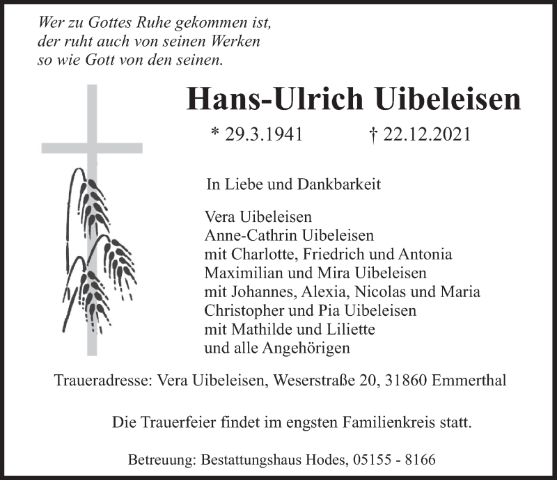  Traueranzeige für Hans-Ulrich Uibeleisen vom 24.12.2021 aus Deister- und Weserzeitung