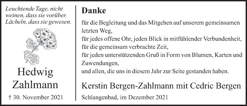  Traueranzeige für Hedwig Zahlmann vom 18.12.2021 aus Deister- und Weserzeitung