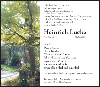 Traueranzeige von Heinrich Lücke von Deister- und Weserzeitung