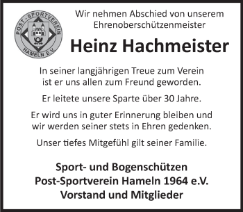 Traueranzeige von Heinz Hachmeister von Deister- und Weserzeitung