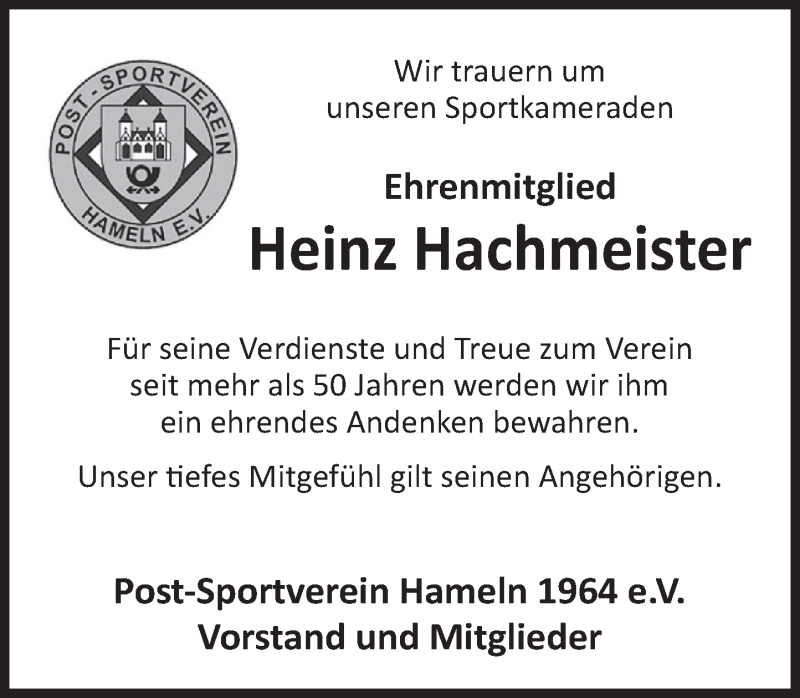  Traueranzeige für Heinz Hachmeister vom 31.12.2021 aus Deister- und Weserzeitung