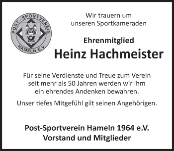 Traueranzeige von Heinz Hachmeister von Deister- und Weserzeitung
