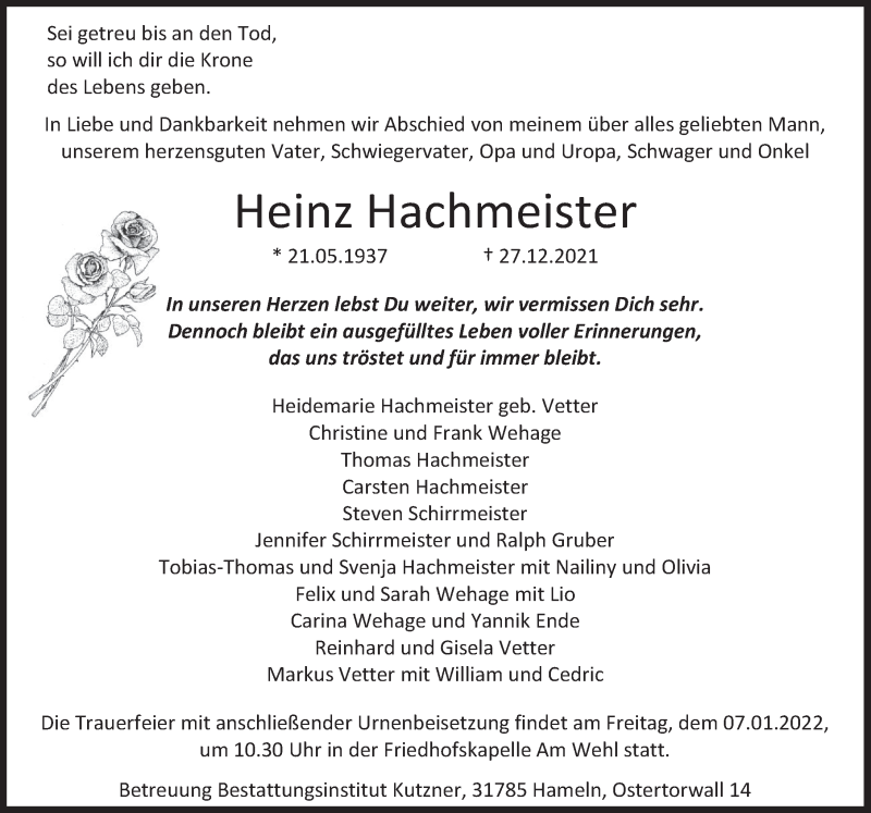  Traueranzeige für Heinz Hachmeister vom 31.12.2021 aus Deister- und Weserzeitung