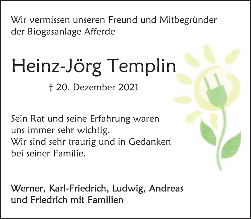  Traueranzeige für Heinz-Jörg Templin vom 31.12.2021 aus Deister- und Weserzeitung