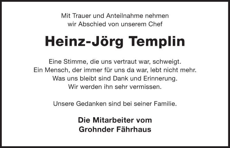  Traueranzeige für Heinz-Jörg Templin vom 24.12.2021 aus Deister- und Weserzeitung