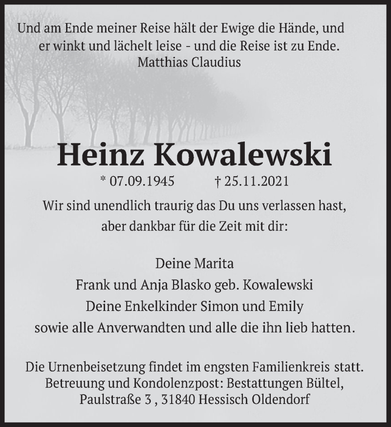 Traueranzeige für Heinz Kowalewski vom 11.12.2021 aus Deister- und Weserzeitung
