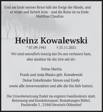 Traueranzeige von Heinz Kowalewski von Deister- und Weserzeitung