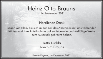 Traueranzeige von Heinz Otto Brauns von Deister- und Weserzeitung