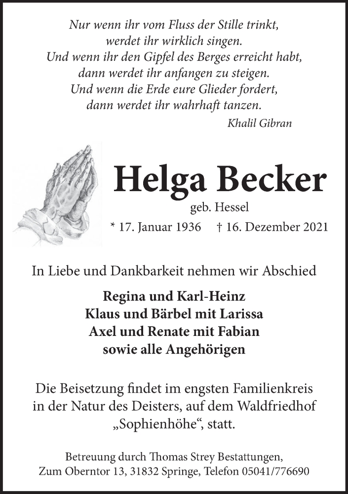  Traueranzeige für Helga Becker vom 29.12.2021 aus Neue Deister-Zeitung