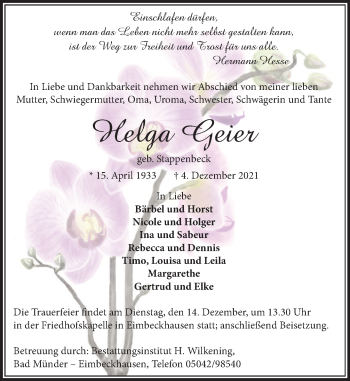 Traueranzeige von Helga Geier von Neue Deister-Zeitung