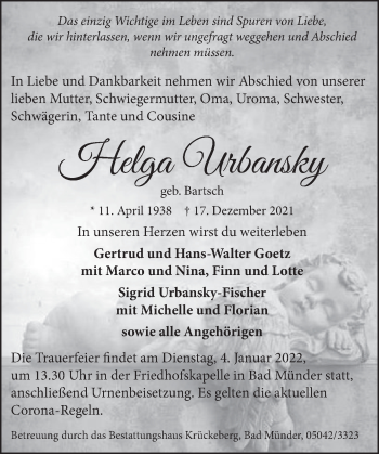 Traueranzeige von Helga Urbansky von Neue Deister-Zeitung
