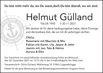 Traueranzeige von Helmut Gülland von Deister- und Weserzeitung