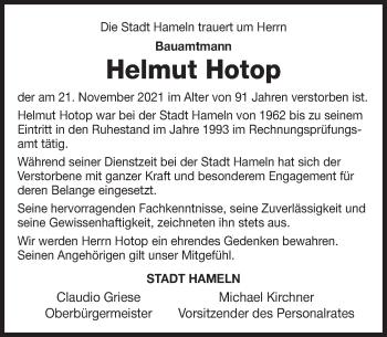 Traueranzeige von Helmut Hotop von Deister- und Weserzeitung