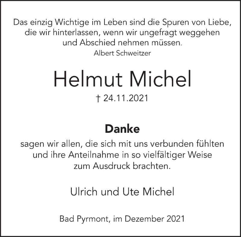  Traueranzeige für Helmut Michel vom 18.12.2021 aus Deister- und Weserzeitung