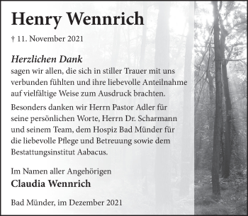 Traueranzeige von Henry Wennrich von Neue Deister-Zeitung