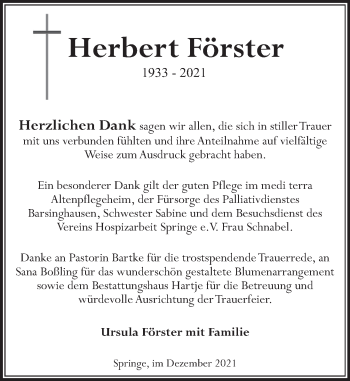 Traueranzeige von Herbert Förster von Neue Deister-Zeitung