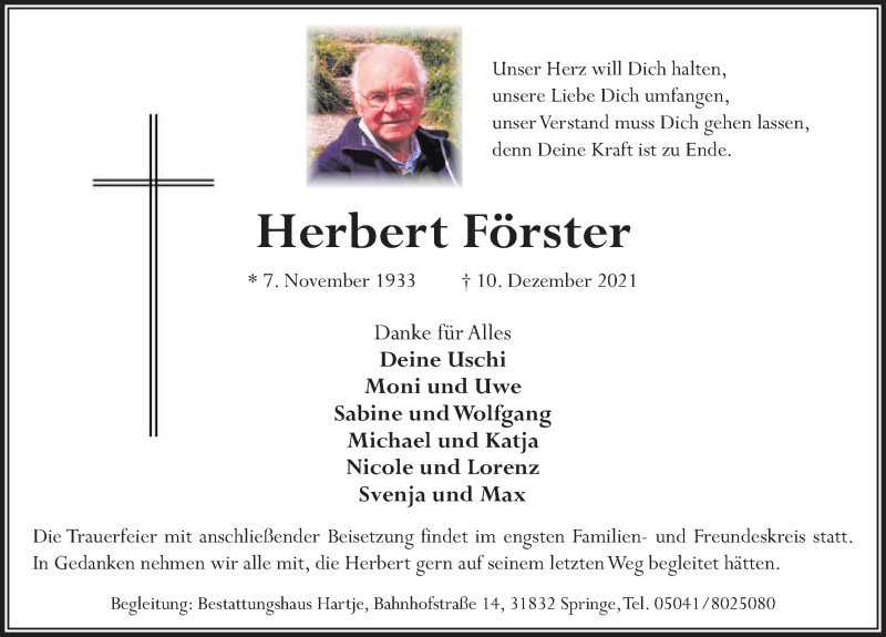  Traueranzeige für Herbert Förster vom 15.12.2021 aus Neue Deister-Zeitung