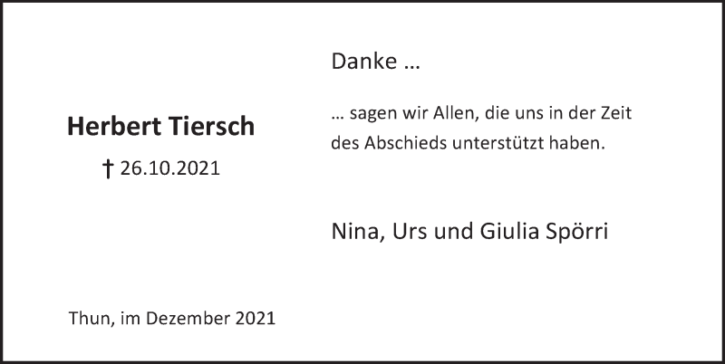  Traueranzeige für Herbert Tiersch vom 31.12.2021 aus Deister- und Weserzeitung