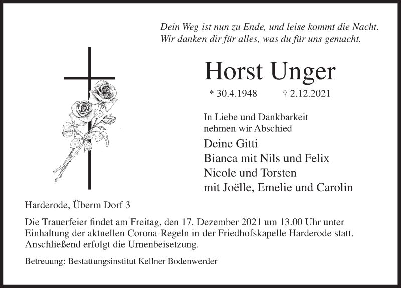 Traueranzeige für Horst Unger vom 11.12.2021 aus Deister- und Weserzeitung