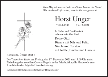 Traueranzeige von Horst Unger von Deister- und Weserzeitung