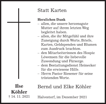 Traueranzeige von Ilse Köhler von Deister- und Weserzeitung