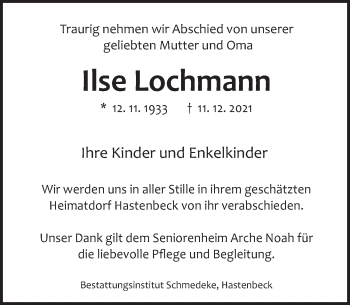 Traueranzeige von Ilse Lochmann von Deister- und Weserzeitung