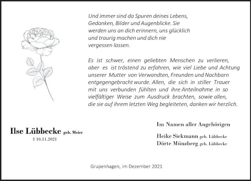  Traueranzeige für Ilse Lübbecke vom 04.12.2021 aus Deister- und Weserzeitung
