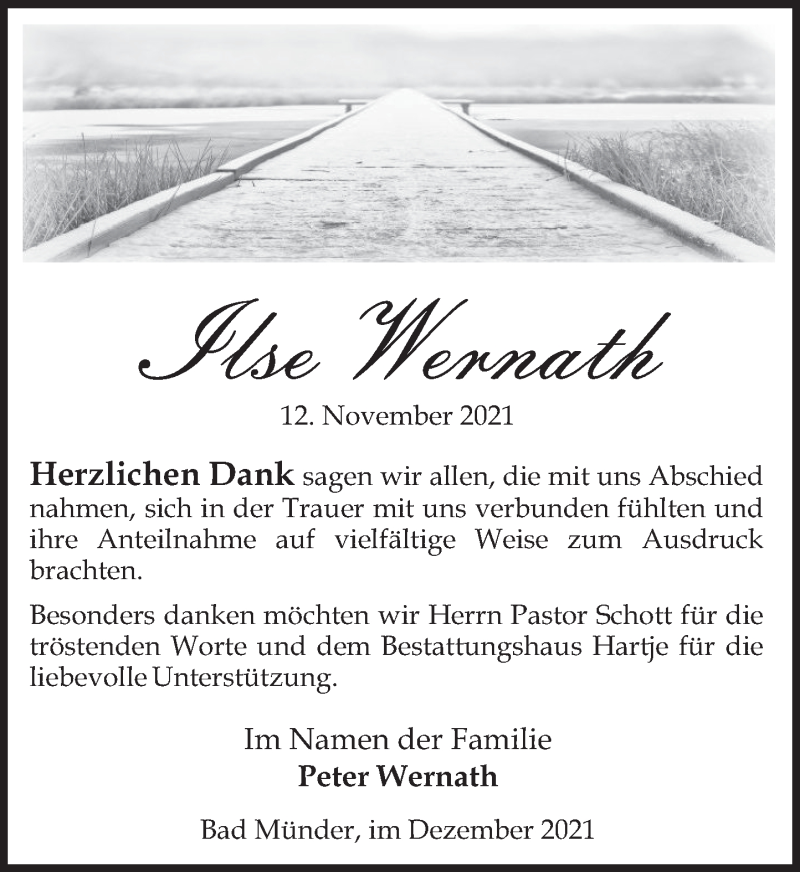  Traueranzeige für Ilse Wernath vom 18.12.2021 aus Neue Deister-Zeitung