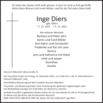 Traueranzeige von Inge Diers von Deister- und Weserzeitung