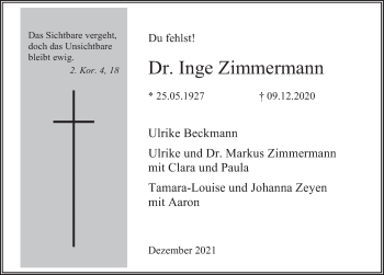 Traueranzeige von Inge Zimmermann von Deister- und Weserzeitung