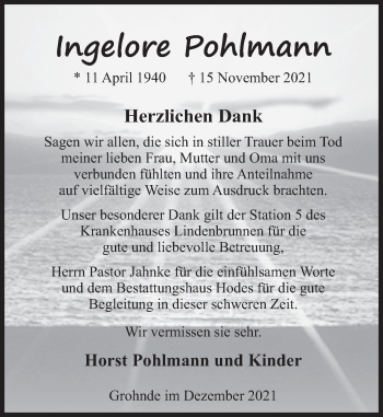 Traueranzeige von Ingelore Pohlmann von Deister- und Weserzeitung