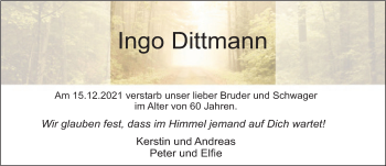 Traueranzeige von Ingo Dittmann von Deister- und Weserzeitung